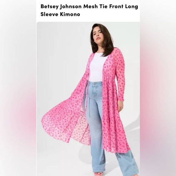 Betsy Jonson Torrid Collab Pink Mesh Long Sleeve Tie Front Print Kimono Size 2 - Picture 1 of 12